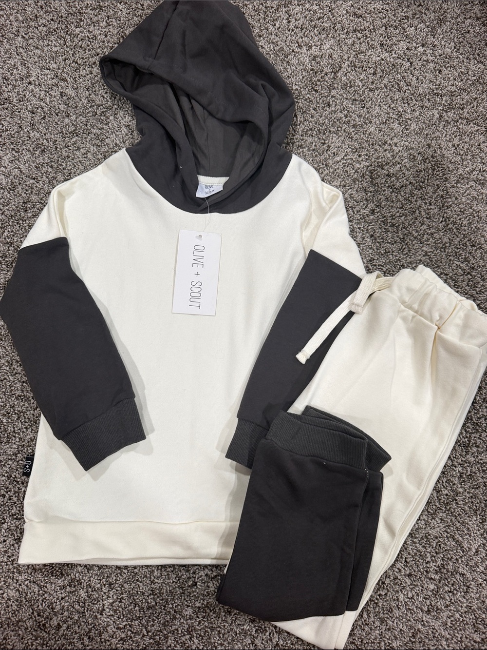 Kids Black & Cream Colorblock Hoodie and Jogger Set